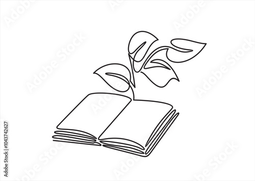Opened book with sprout plant in one continuous line drawing . Education study and knowledge concept in simple linear style. Growing wisdom. Doodle contour vector illustration