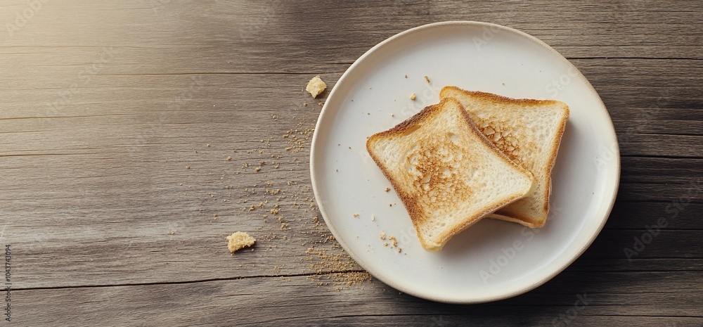 Two slices of toasted bread on a plate with crumbs on a wooden surface. Two slices of toasted bread on a plate with crumbs on a wooden surface.