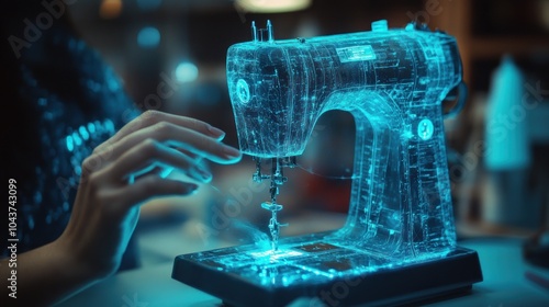A futuristic sewing machine with a glowing, translucent design in a creative workspace.