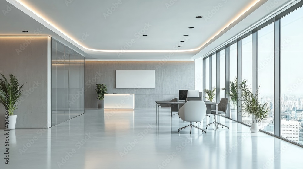 Obraz premium Modern office interior with clean architectural lines, sleek furniture, and a soft color palette. The design emphasizes simplicity and functionality.