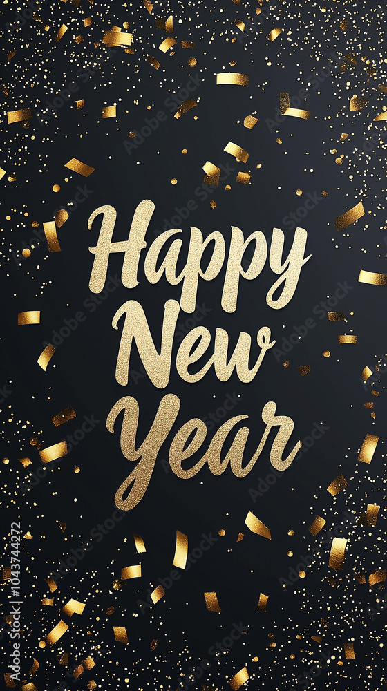 Happy New Year text on black background with golden confetti ...