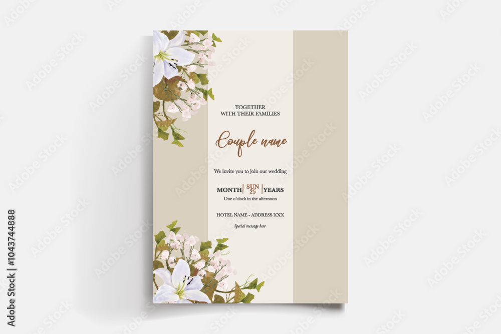 WEDDING INVITATION FRAME WITH FLOWER DECORATIONS AND FRESH LEAVES WEDDING INVITATION FRAME WITH FLOWER DECORATIONS AND FRESH LEAVES