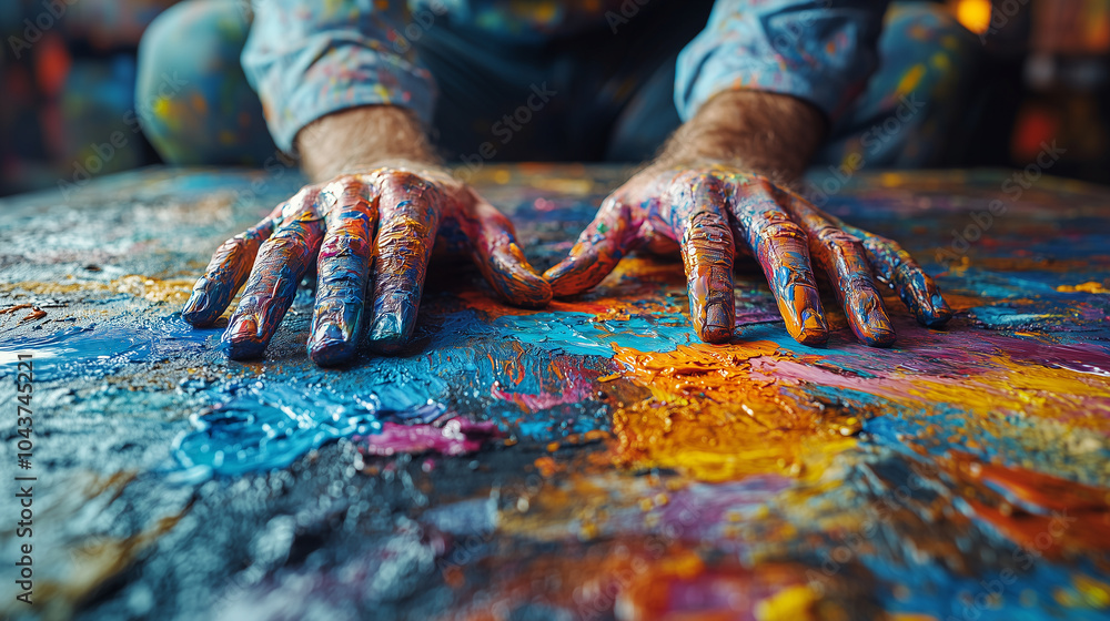 A close-up of hands covered in paint, dripping and smearing colors onto a large canvas. The artistâs face is slightly visible, focused and absorbed in the creative process, with pa A close-up of hands covered in paint, dripping and smearing colors onto a large canvas. The artistâs face is slightly visible, focused and absorbed in the creative process, with pa