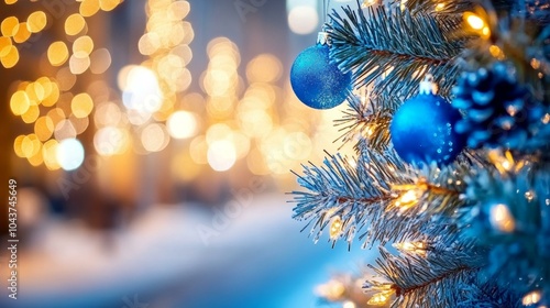 Festive Christmas tree adorned with blue ornaments and twinkling lights.