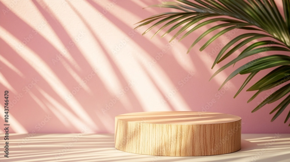 Minimalist wooden podium on pink background with palm leaf shadow, creating a tropical and modern aesthetic for product display or presentation. Minimalist wooden podium on pink background with palm leaf shadow, creating a tropical and modern aesthetic for product display or presentation.