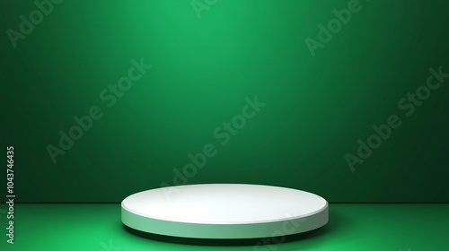 Minimalist white circular podium on green background, perfect for product display or presentations. Sleek design with subtle lighting creates depth.