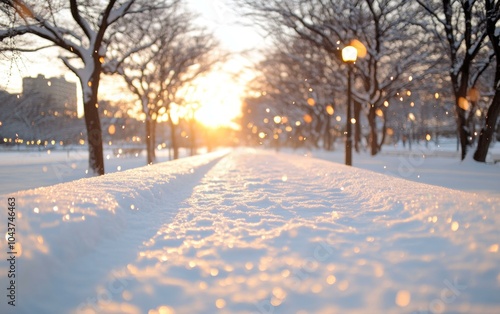 Snowy path leading to distant street light