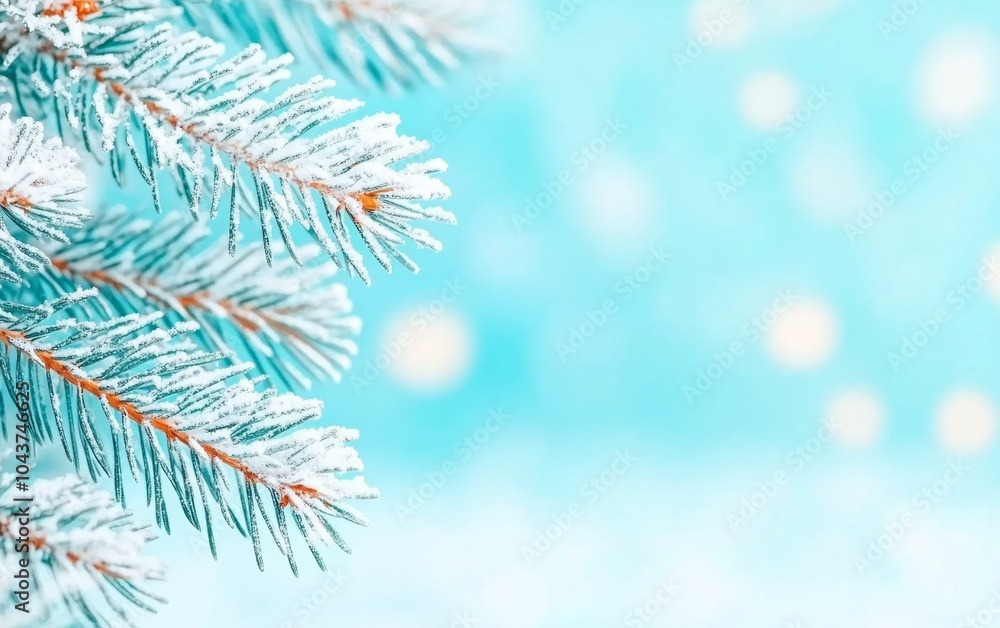 Snow-covered Christmas tree branch on blue backdrop