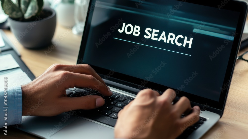 A person uses a laptop to search for jobs online, with the words A person uses a laptop to search for jobs online, with the words