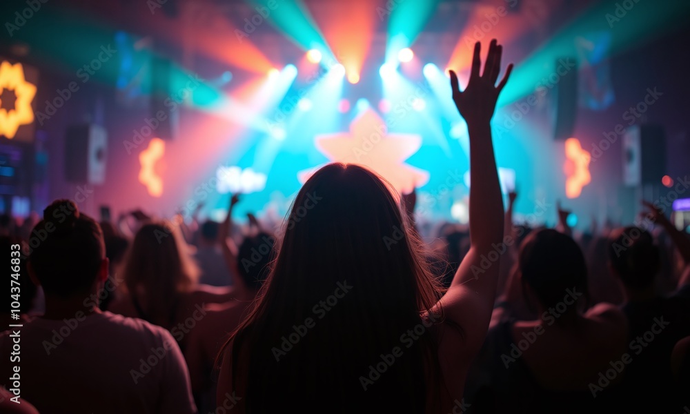 Concert crowd music festival vibrant lighting neon colors Concert crowd music festival vibrant lighting neon colors