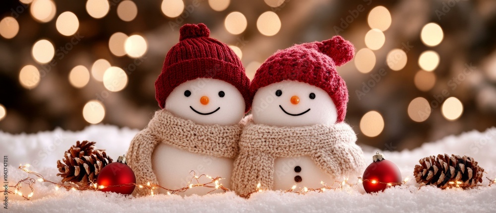 Fototapeta premium Two snowmen in snowy scene with Christmas lights