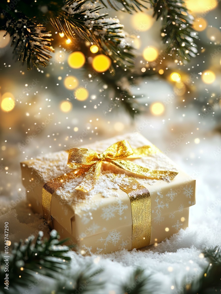 gift box on snow covered tree gift box on snow covered tree