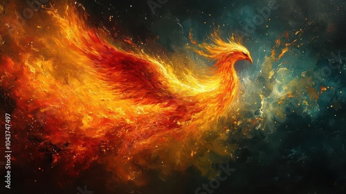 abstract mythical phoenix bird created from flames showcasing vibrant colors and dynamic shapes symbolizing rebirth transformation and the power of renewal