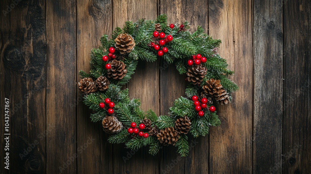 Festive wreath on wooden wall adorned with pine cones and red berries Festive wreath on wooden wall adorned with pine cones and red berries