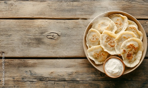 A plate of steaming dumplings served with sour cream.