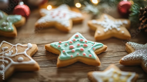 Close-up of festive table with Christmas cookies