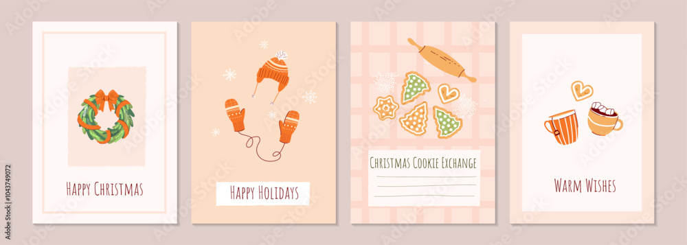 Set New Year greeting cards with hat and mittens, door wreath, cookies, mugs of cocoa with marshmallows tea Winter holiday design Christmas card, invitation cover calendar social media posts menu Set New Year greeting cards with hat and mittens, door wreath, cookies, mugs of cocoa with marshmallows tea Winter holiday design Christmas card, invitation cover calendar social media posts menu