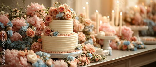 Elegant TwoTier Wedding Cake with Floral Decor and Candles photo