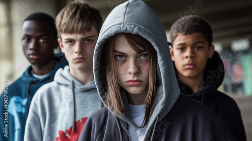 A group of youths wearing hoodies in a bleak urban setting, there is a sense of danger or criminal intent, gang activity - landscape ratio 16:9 photo