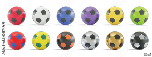 Collection of Realistic colorful soccer balls isolated on white background. Set of 3D Football ball vector icon. 3D Vector illustration.
