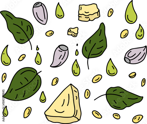 cartoon style pattern with ingredients for pesto sauce. Basil, olive oil, Parmesan cheese, pine nuts, garlic