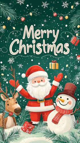 Merry Christmas text on green background with Santa Claus, reindeer, and snowman illustration. 