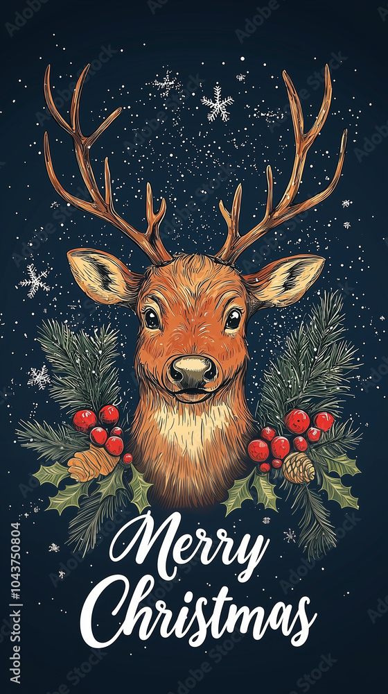 Fototapeta premium Merry Christmas illustrated card on blue background with Santa's reindeer, cute christmas illustration