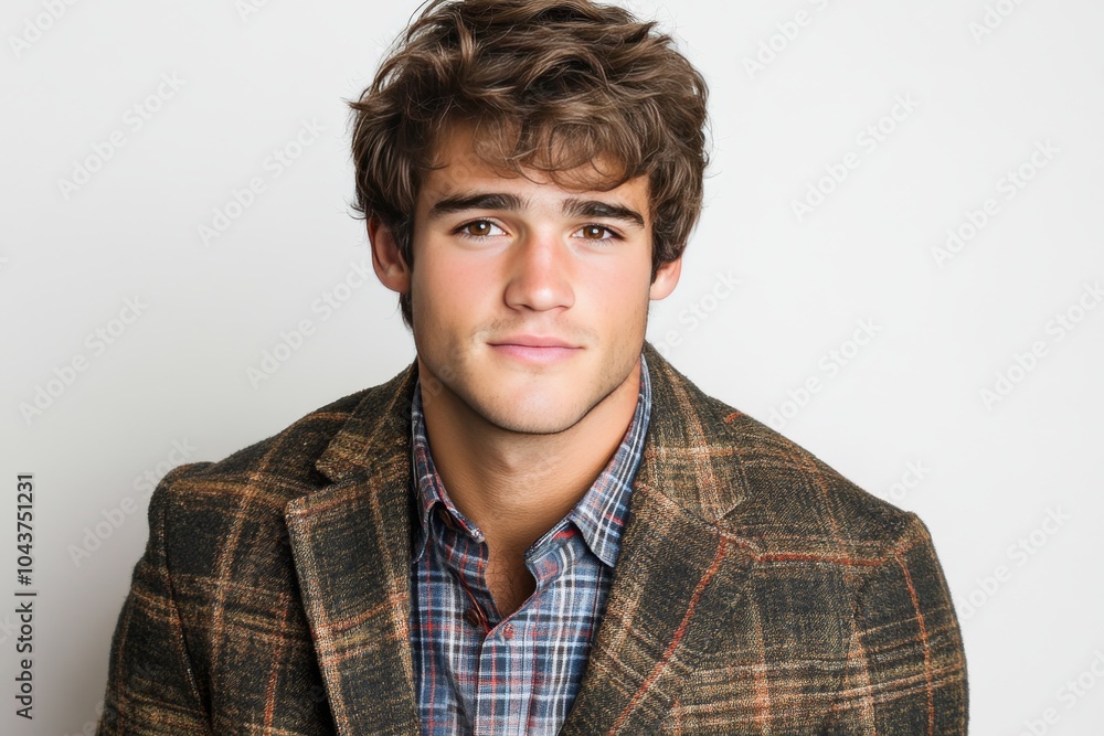 Young man in a plaid blazer standing confidently against a neutral white background showcasing modern business casual fashion with a classic twist Young man in a plaid blazer standing confidently against a neutral white background showcasing modern business casual fashion with a classic twist