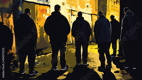 A group or gang of young people or teens in an urban city area, wide landscape ratio 16:9, there is a sense of menace and criminality