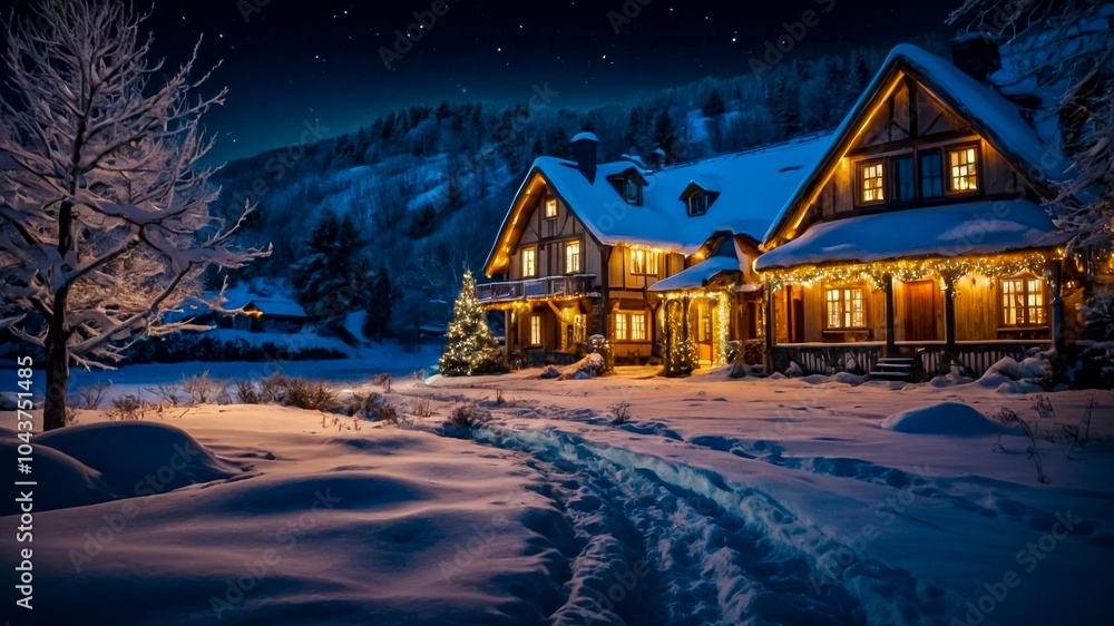 Fototapeta premium A Cozy Snow-Covered Cabin Adorned With Lights in a Winter Wonderland at Night