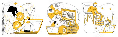 Bitcoin trading vector illustration. Investment, seed prosperity, grows in fertile soil cryptocurrency, yielding harvest financial success Finance, navigator, charts course through volatile waters