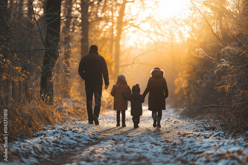 A family of four strolls on a snow-covered trail in a serene forest, bathed in golden sunset light. photo