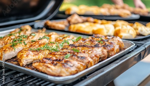 Grilled chicken and bread on a barbecue grill, ready for serving.