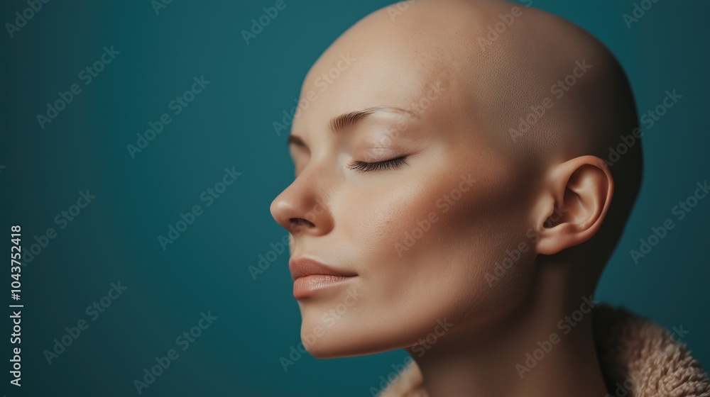Portrait of a bald woman with closed eyes on a blue background. Alopecia, oncological diseases. Portrait of a bald woman with closed eyes on a blue background. Alopecia, oncological diseases.