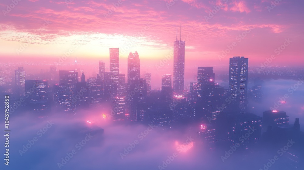 Fototapeta premium A panoramic view of a modern city skyline at sunset with a misty, dreamy atmosphere. The buildings are lit up, creating a striking contrast against the pink and orange sky.
