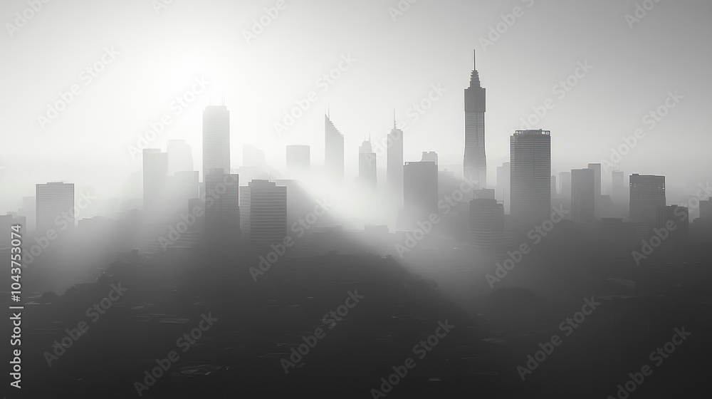 Fototapeta premium A black and white photograph of a city skyline with a sunrise in the background. The sun is shining through the fog, creating a hazy effect over the city.