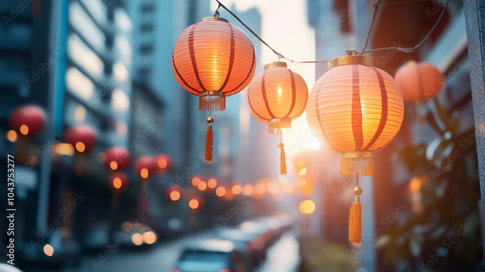 Lanterns illuminate a city street at sunset, creating a festive atmosphere. Lanterns illuminate a city street at sunset, creating a festive atmosphere.