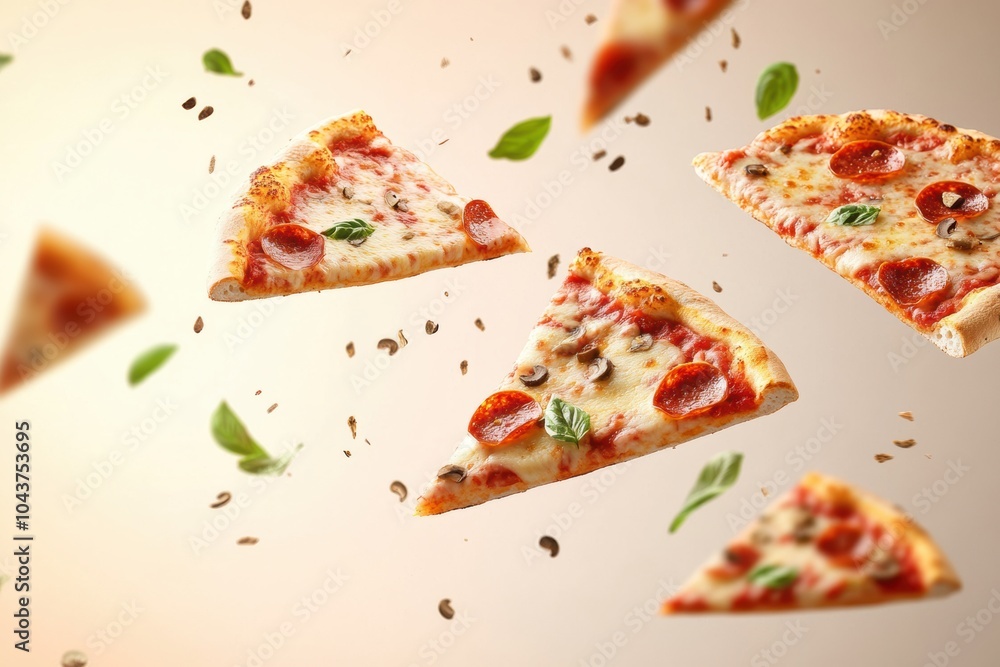 Delicious slices of pepperoni pizza soar diagonally, showcasing vibrant toppings amidst a playful and appetizing background. Generative AI Delicious slices of pepperoni pizza soar diagonally, showcasing vibrant toppings amidst a playful and appetizing background. Generative AI
