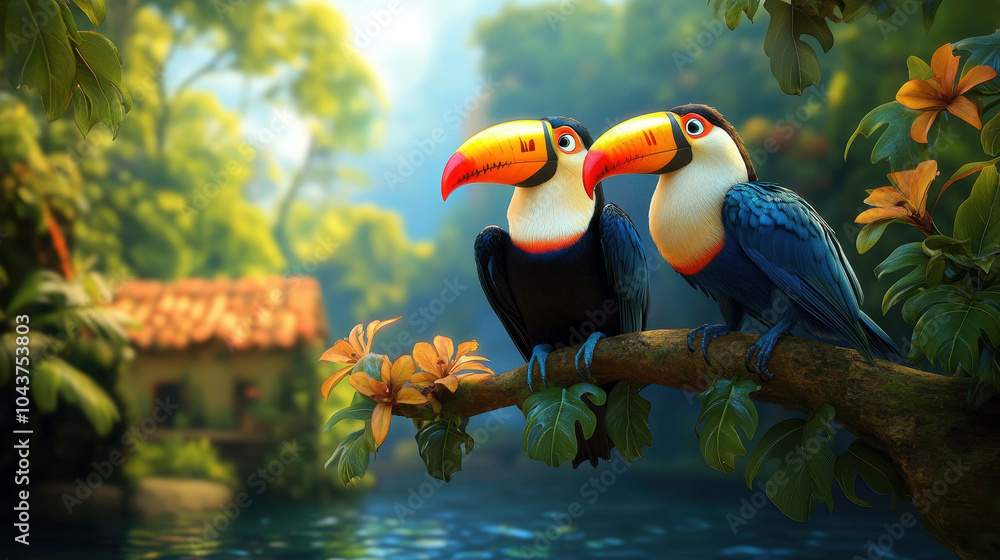 Obraz premium Vibrant Toucan and Hornbill Perched on Leafy Bough in Lush Natural Setting