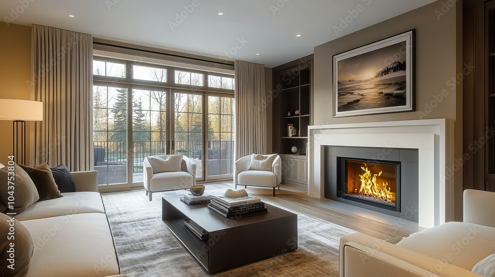 Fototapeta premium Modern Living Room with Cozy Fireplace and Comfortable Seating for Relaxing Evenings