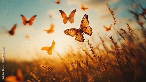 Wallpaper Mural A dynamic border with butterflies in motion, capturing a sense of freedom and flight sunset in the field Torontodigital.ca
