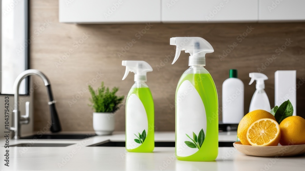 Cleaning supplies on a kitchen counter, including green spray bottles, oranges, and a potted herb Cleaning supplies on a kitchen counter, including green spray bottles, oranges, and a potted herb