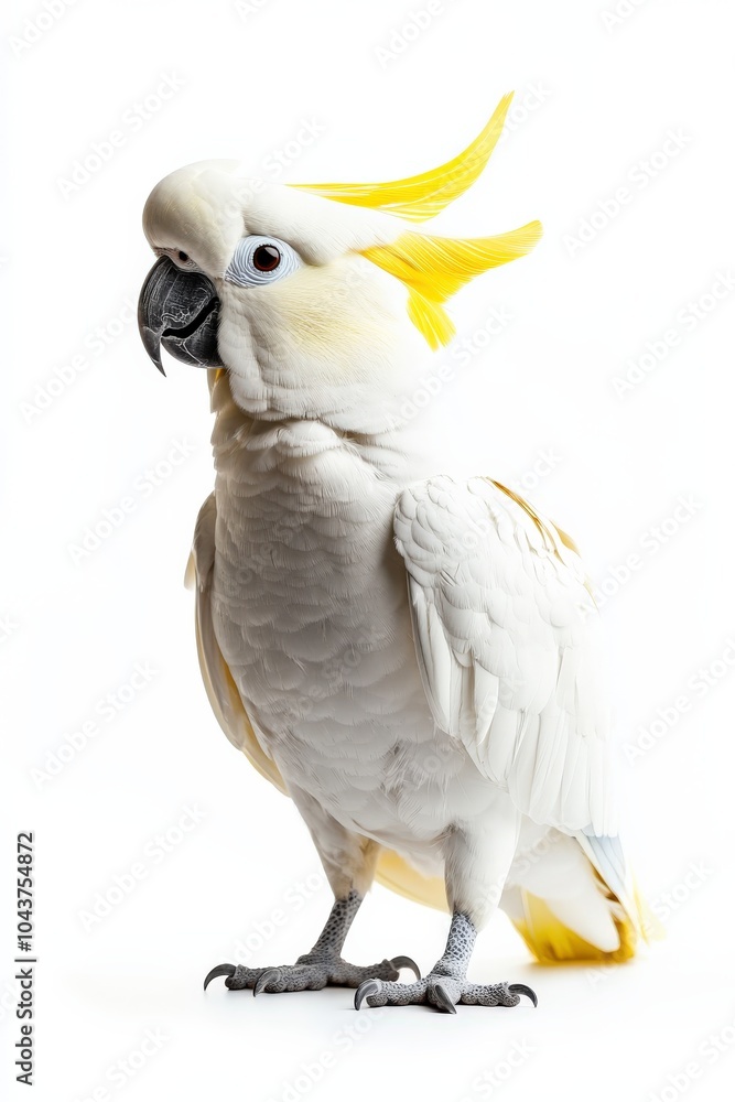 Cockatoo: Majestic Bird with Vibrant Yellow Crest, Standing Proudly on White Background Cockatoo: Majestic Bird with Vibrant Yellow Crest, Standing Proudly on White Background