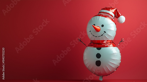 Snowman balloon isolated on red background, joyful Christmas Balloon Shaped Like Snowman, banner with copy space photo