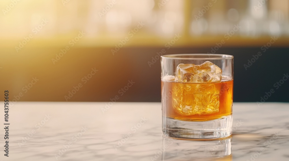A glass of whiskey on the rocks, placed on a marble surface, illuminated by warm, natural light. A glass of whiskey on the rocks, placed on a marble surface, illuminated by warm, natural light.