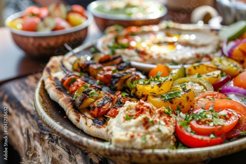 Vibrant middle eastern feast on rustic platter with grilled skewers photo