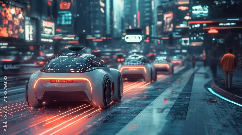 Futuristic self-driving cars navigate a neon-lit city street. Futuristic self-driving cars navigate a neon-lit city street.