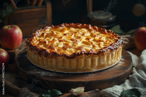 Delicious Homemade Apple Pie with Lattice Crust on Rustic Wooden Cutting Board