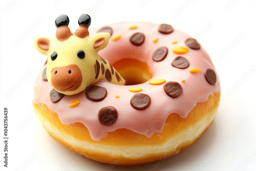 Pink Glazed Donut with Giraffe Toy and Chocolate Sprinkles Pink Glazed Donut with Giraffe Toy and Chocolate Sprinkles
