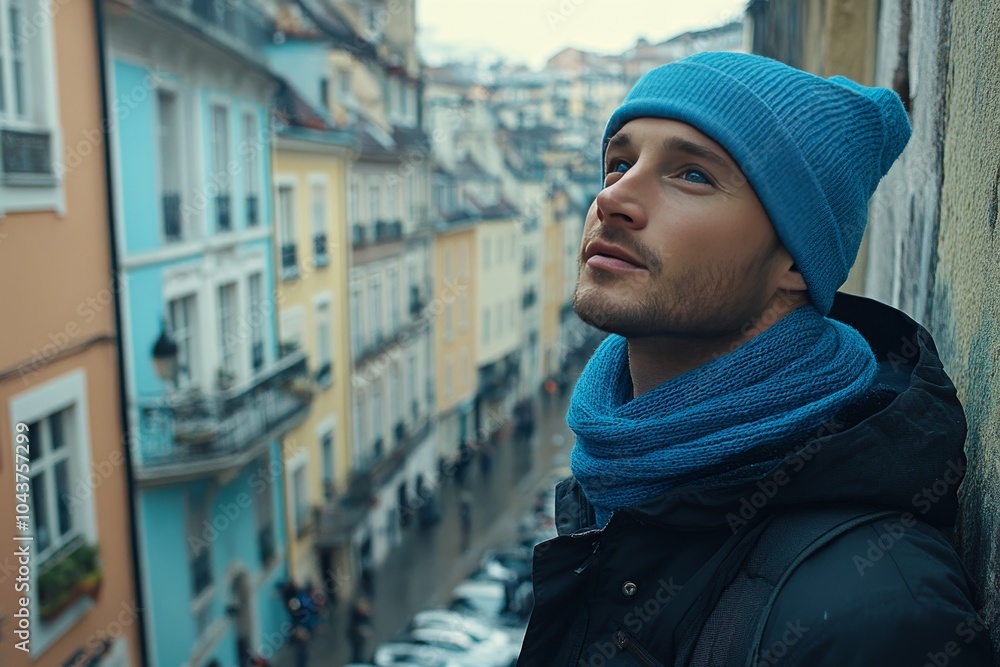Man in a blue winter coat and matching scarf standing outdoors in a city street with soft lighting representing cozy winter fashion with urban influences Man in a blue winter coat and matching scarf standing outdoors in a city street with soft lighting representing cozy winter fashion with urban influences